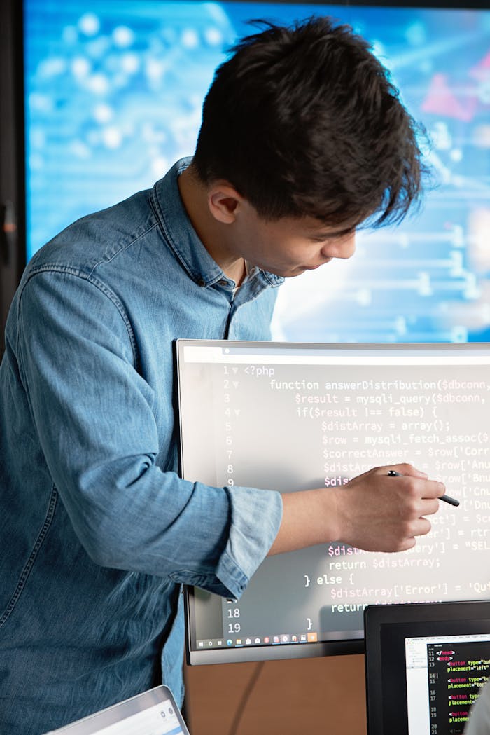 services-02 Asian male programmer writing code on a computer monitor in an office setting.